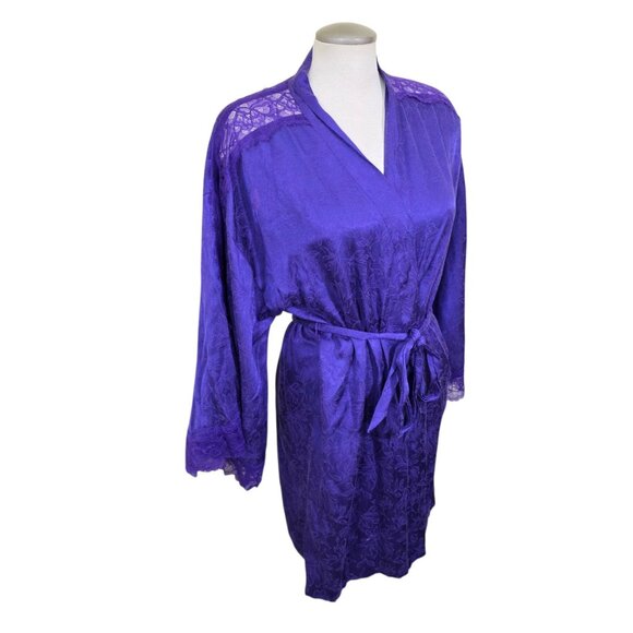 VICTORIAS SECRET Luxe Satin Jacquard Lace Inset Robe Size M L Royal Purple Belt - Picture 5 of 10
